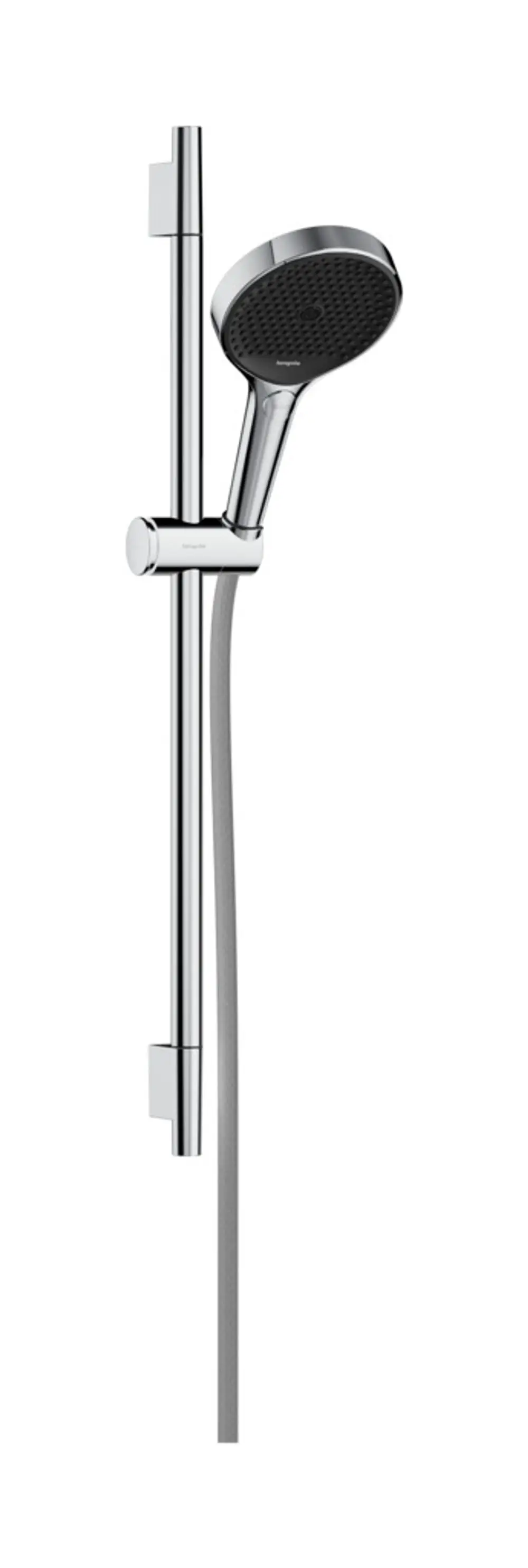 Brausekopf mit Halterung, montiert an einer senkrechten Stange, ausgestattet mit einem flexiblen Schlauch in einem chromfarbenen Finish von Hansgrohe.
